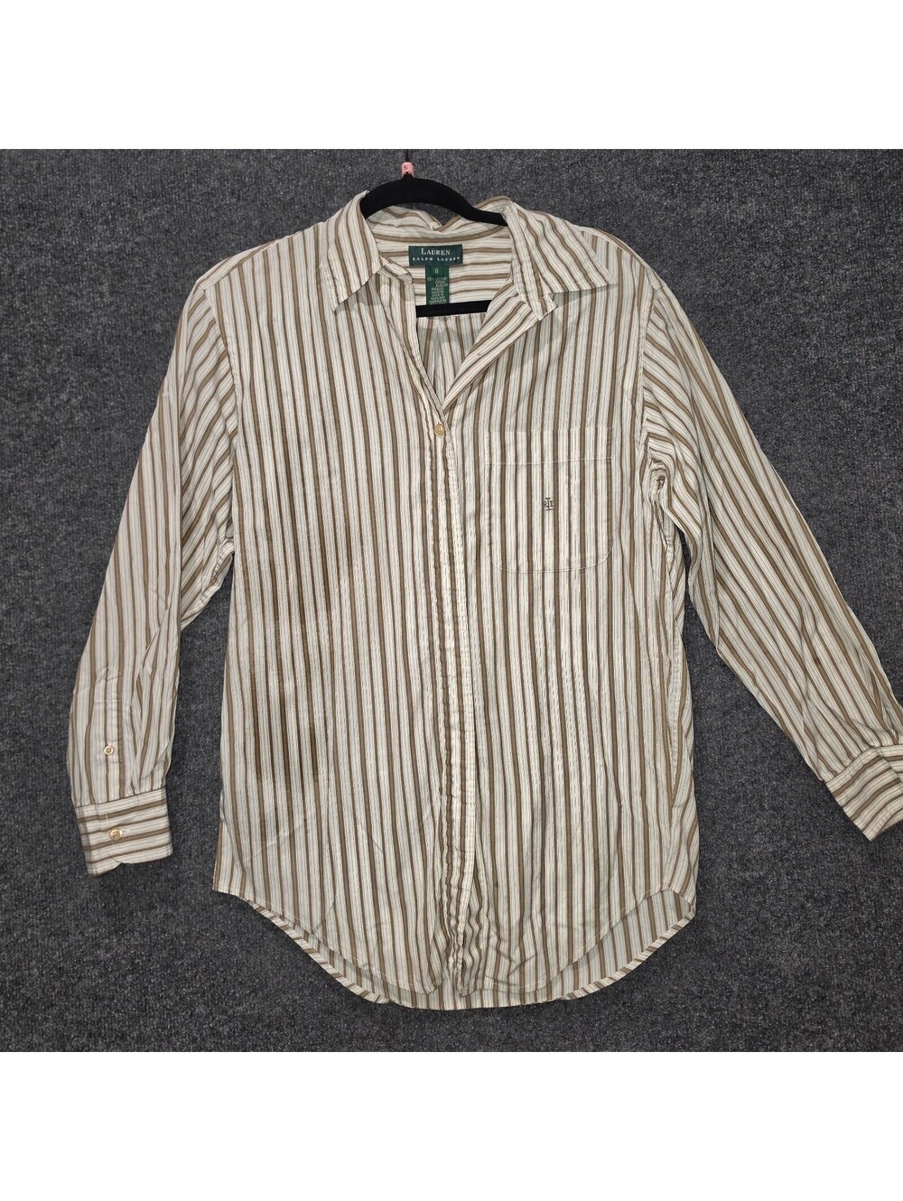 RL31. Vintage Lauren Ralph Lauren Brown Stripe Cotton Silk Button Down top Sz 8